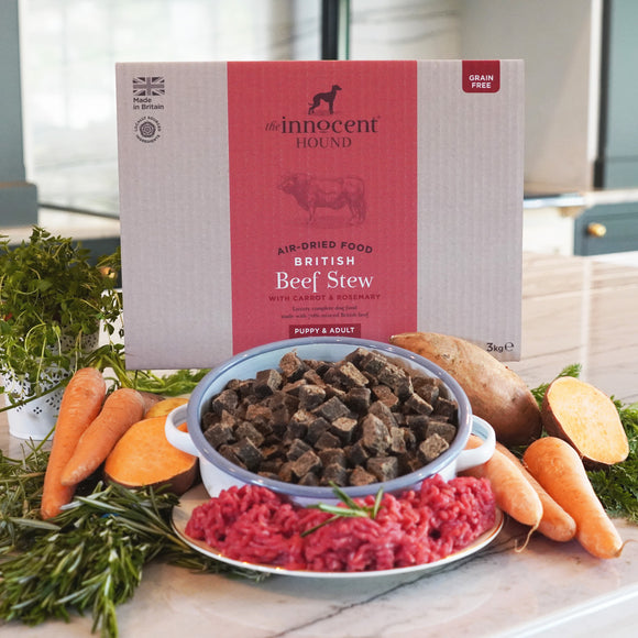 The Innocent Hound complete dog food. Air-dried British Beef Stew for puppy and adult