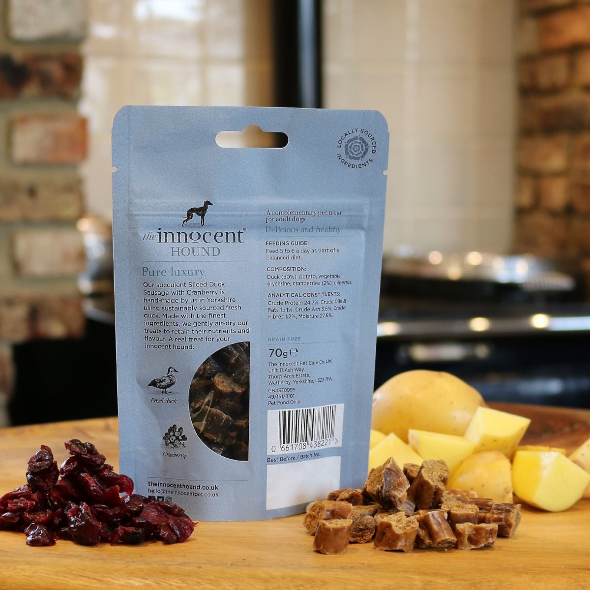 Grain free sliced duck sausages with cranberry dog treats The Innocent Hound