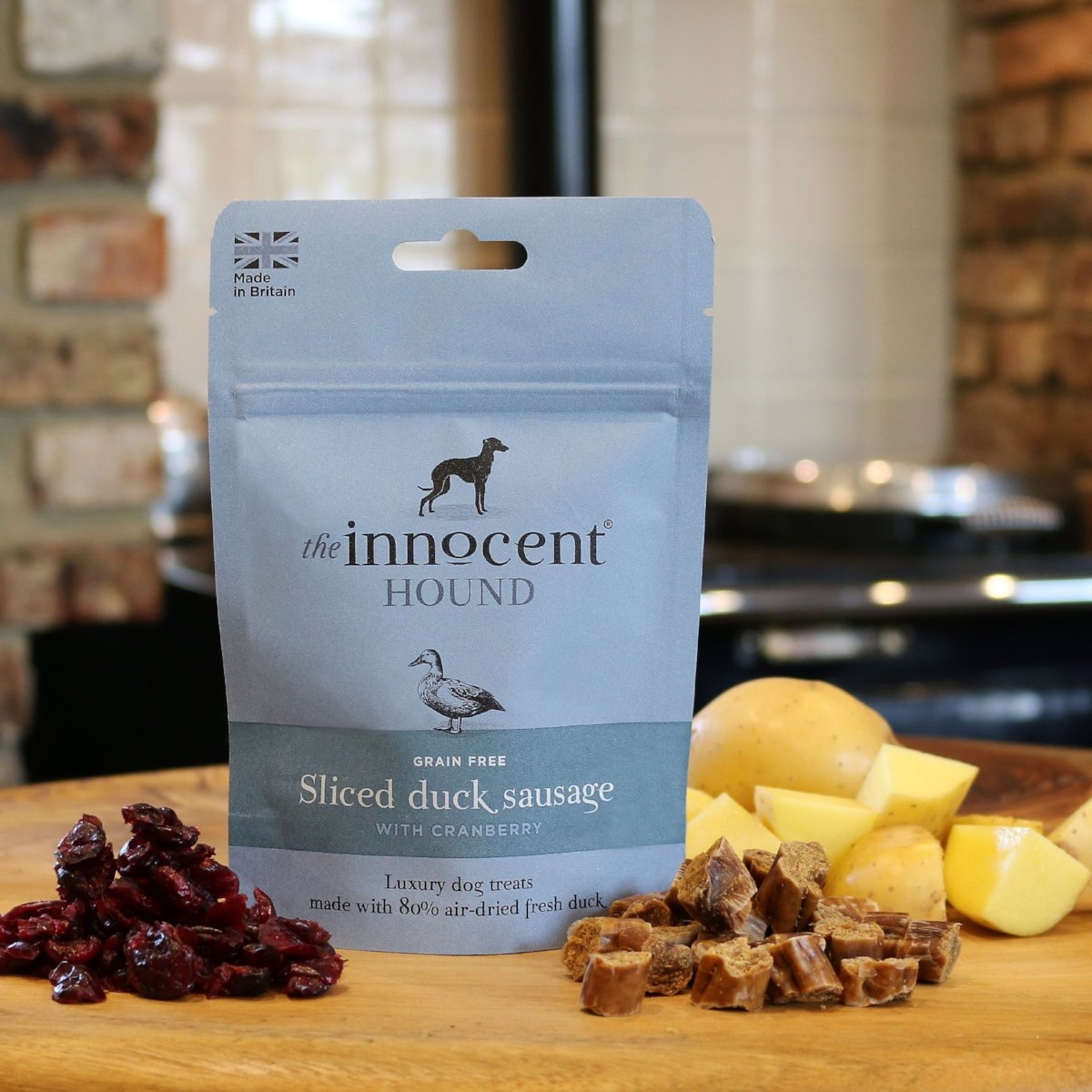 Grain free sliced duck sausages with cranberry dog treats The Innocent Hound